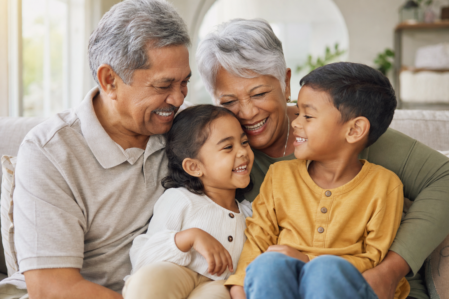 Elderly grandparents smiling with their grandchildren