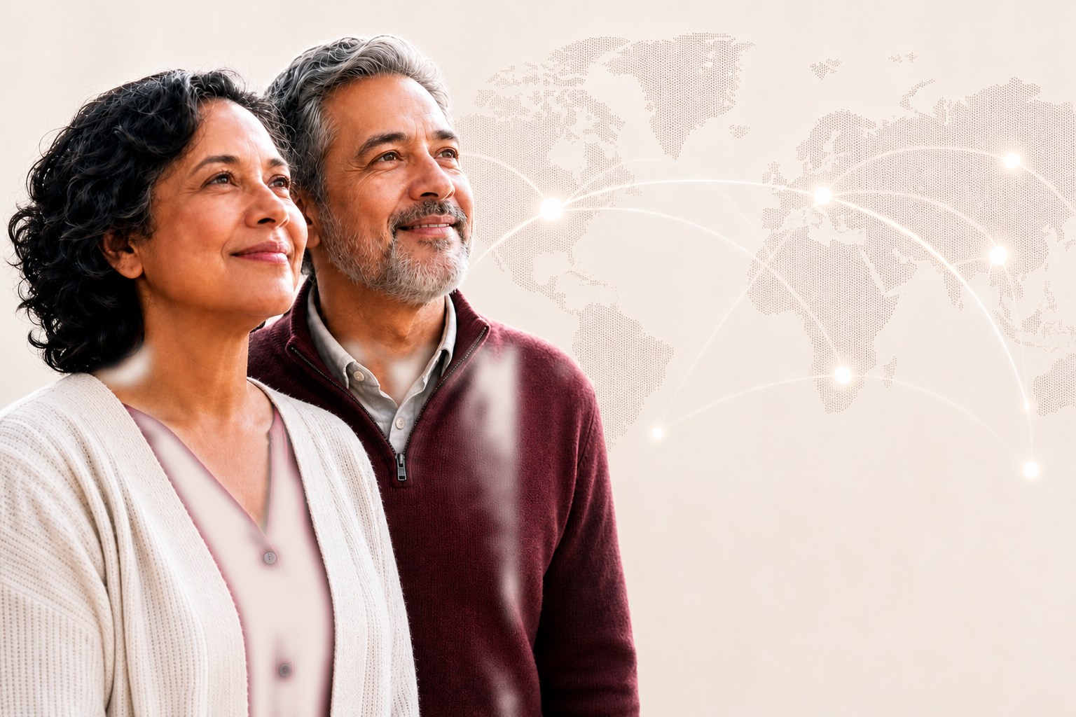 Male and female patients with a global map representing worldwide medicine access